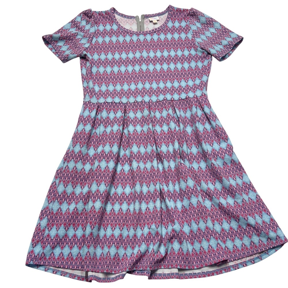 LuLaRoe Amelia Dress Geometric Diamond Print Blue Pink‎ Short Sleeve Womens 3XL